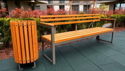 Wooden park bench and litter bin — Elysee
