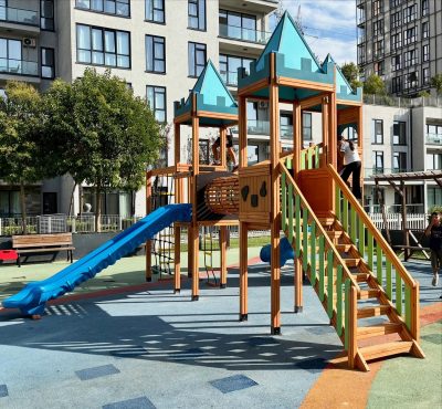 Wooden playground with blue towers — Elysee